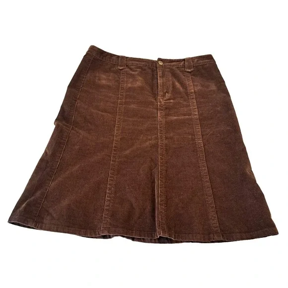 Eddie Bauer Corduroy Skirt Womens 12 Brown Back Pockets Knee Length A Line Flare - Picture 1 of 12